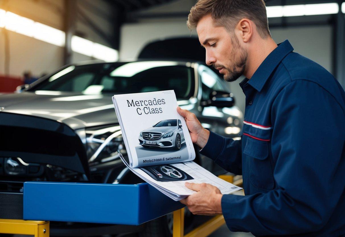 A Mercedes C Class car manual being used by a mechanic in a well-lit workshop