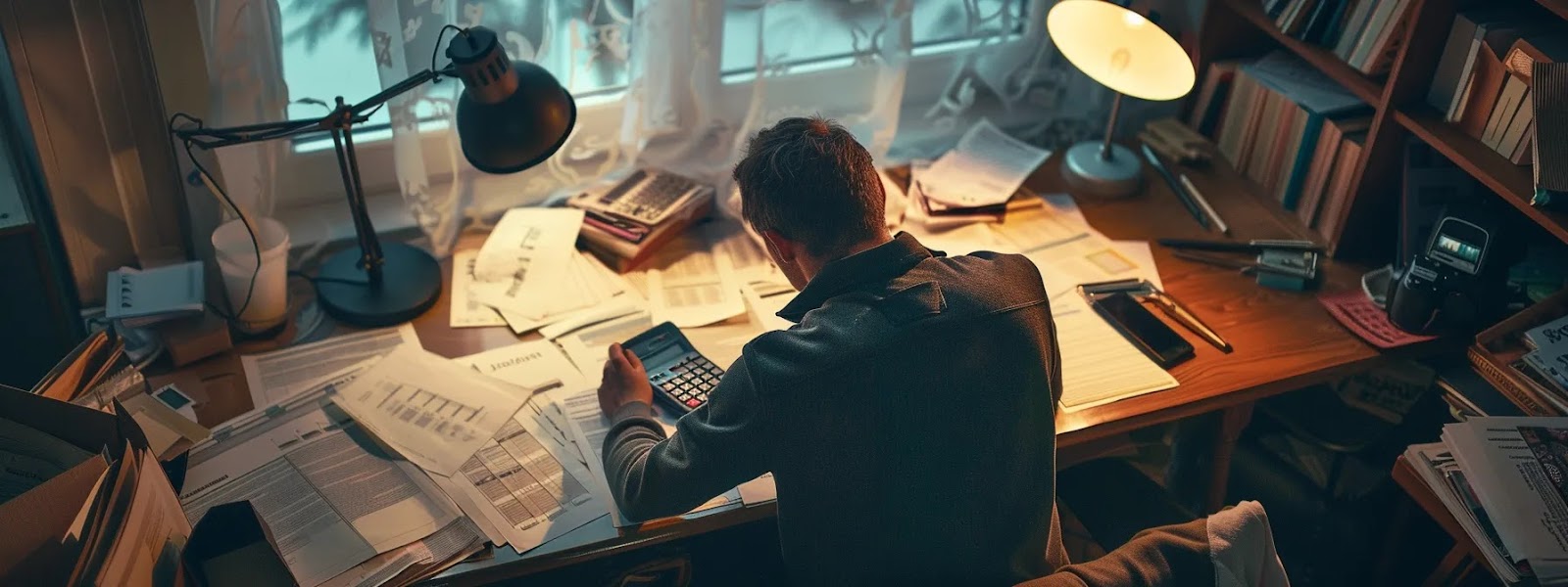 a person sitting at a desk, surrounded by papers and a calculator, diligently calculating their insurance premium.