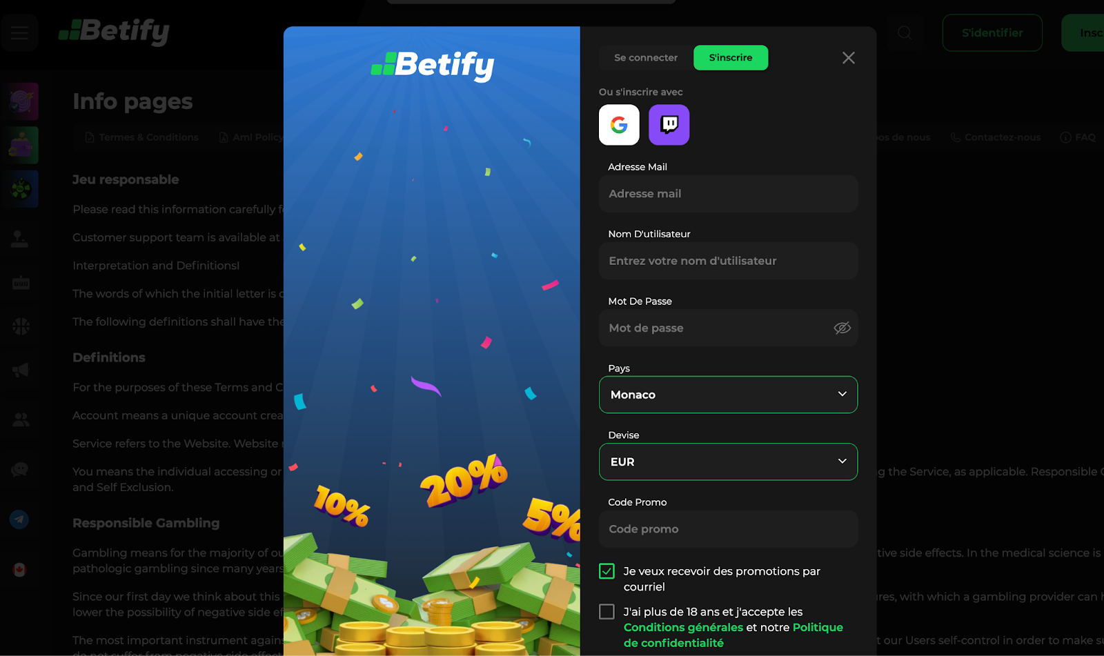 S'inscrire sur Betify