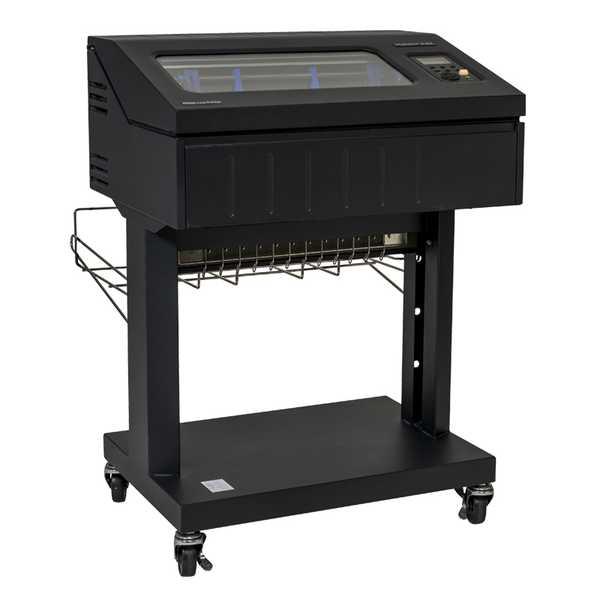 A large black printer on wheels

Description automatically generated