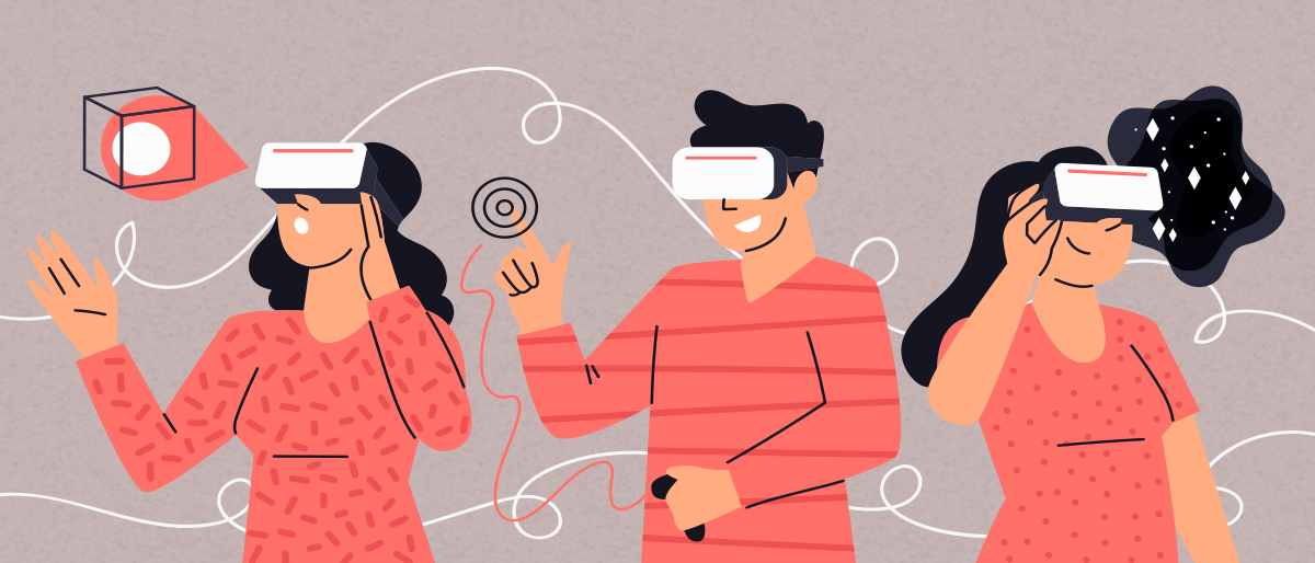 Three people are engaged in virtual reality, each wearing a VR headset, hinting at metaverse architecture.