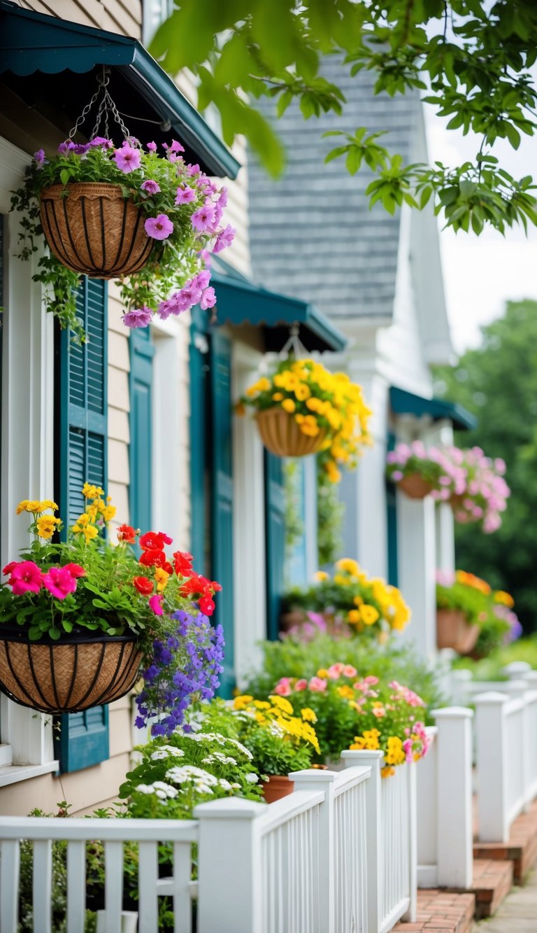 A quaint house with hanging baskets of colorful flowers adorning the exterior walls, adding a charming touch to the landscaping