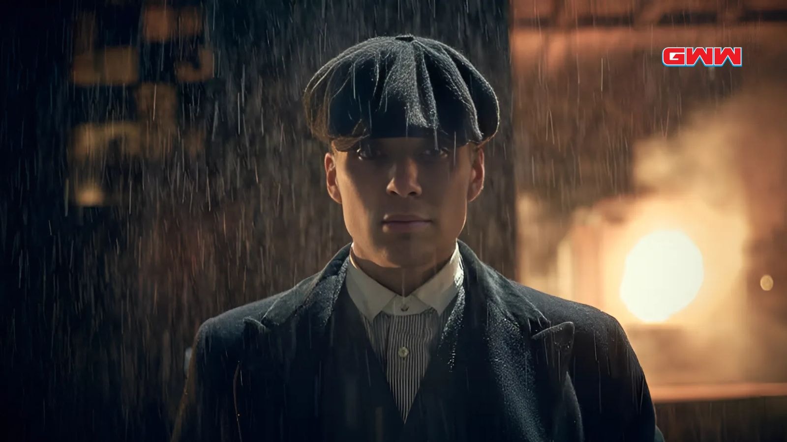 Cillian Murphy as Thomas Shelby soaked in the rain in Peaky Blinders 