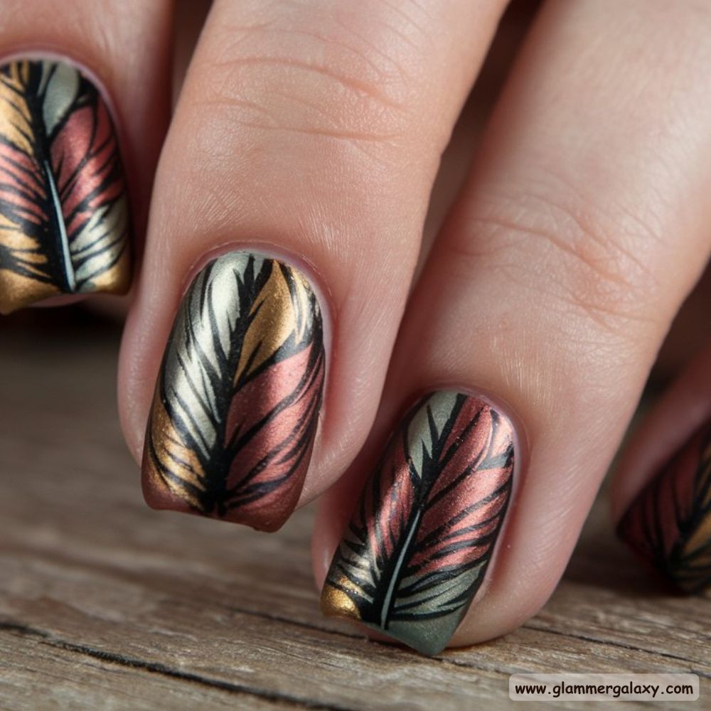 Thanksgiving Nail Designs having Stylish Turkey Feather Nail Accents
