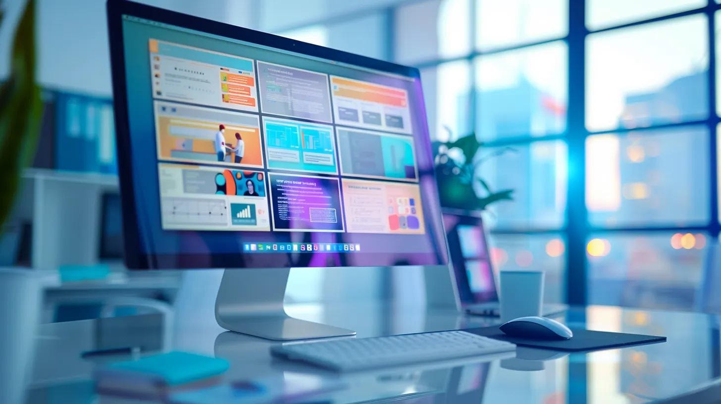a sleek, modern office workspace showcases a diverse team of professionals collaborating over accessible website design concepts, featuring vibrant digital mockups displayed on high-resolution screens, highlighting inclusive navigation features and user-friendly layouts in a bright, minimalist environment.