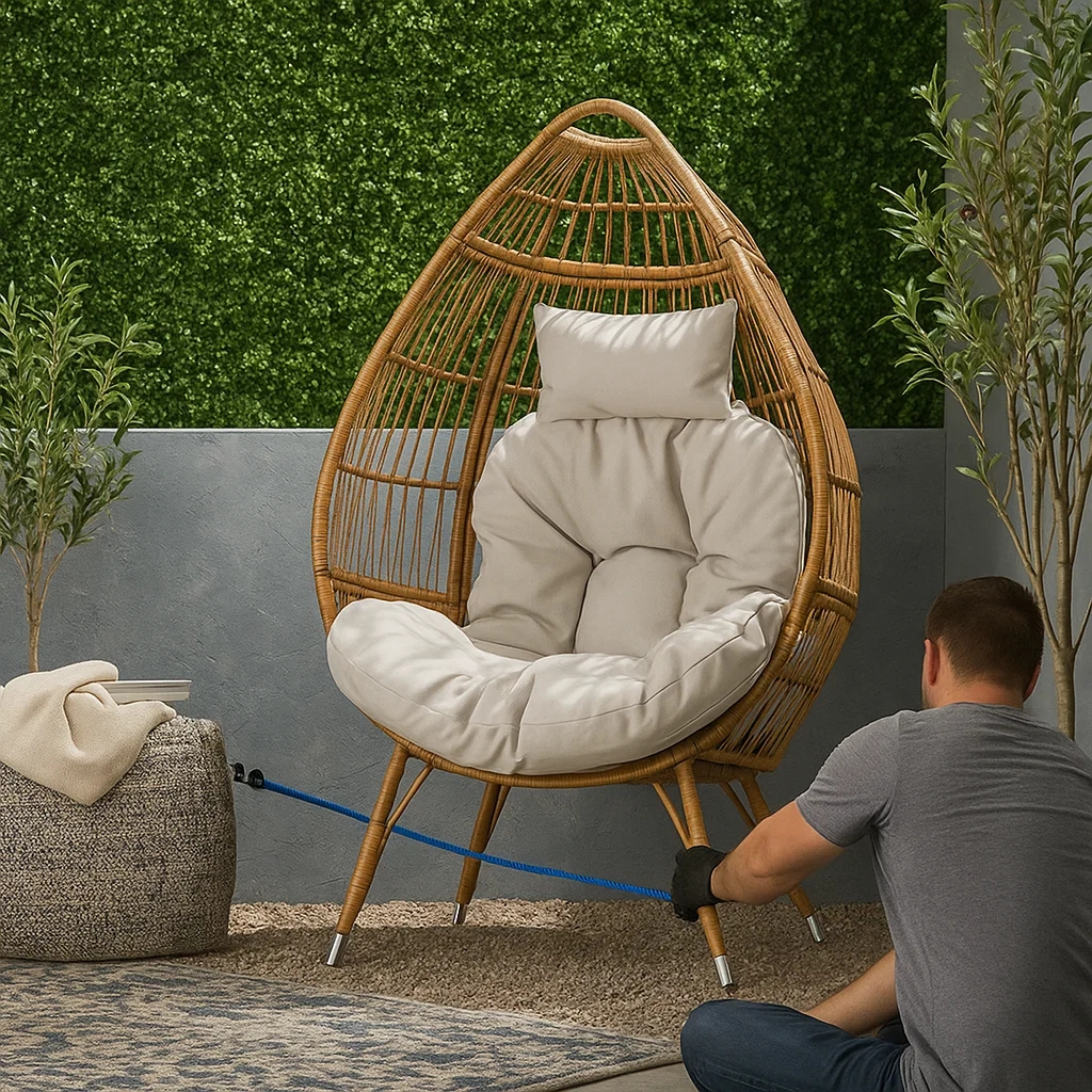 Securing an egg chair with a bungee cord to prevent tipping in windy weather.