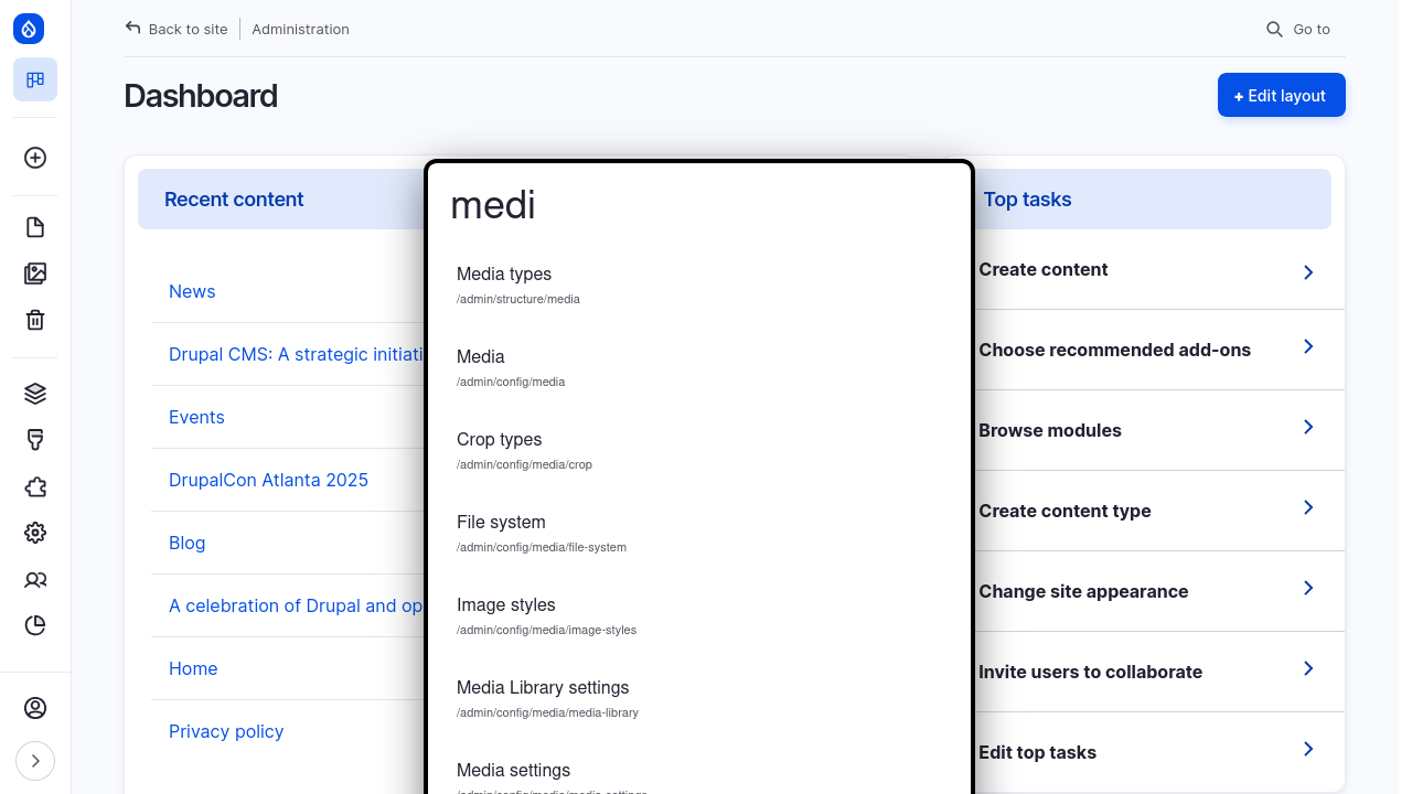 Fast navigation between administrative sections with keyboard shortcuts