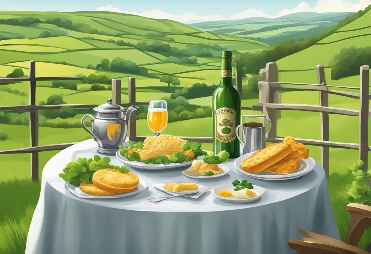 A table set with traditional Irish food and drink, surrounded by lush green countryside