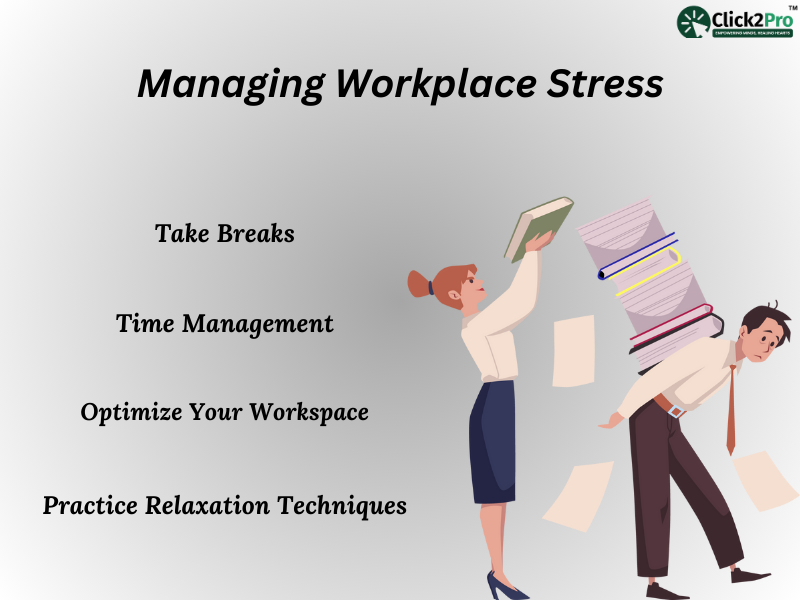 Visual guide on managing workplace stress with tips: take breaks, time management, and relaxation techniques.