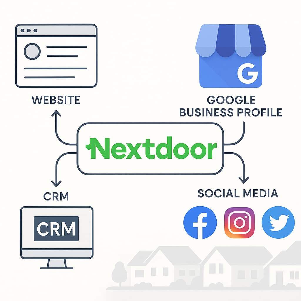 Integrated digital marketing strategy diagram for roofing companies connecting Nextdoor with other lead generation services.