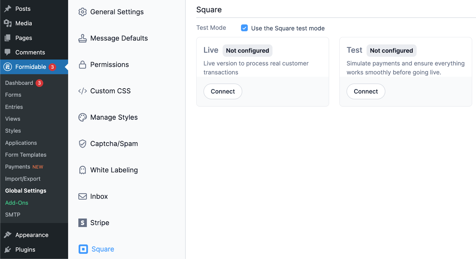 WordPress Square plugin settings within Formidable global settings