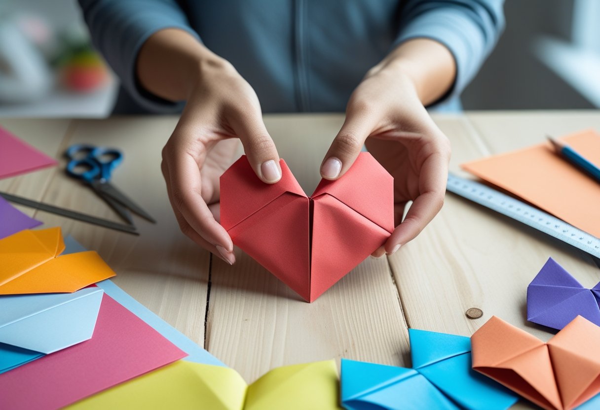 Hands folding a red origami heart on a wooden table surrounded by colorful paper and crafting tools.