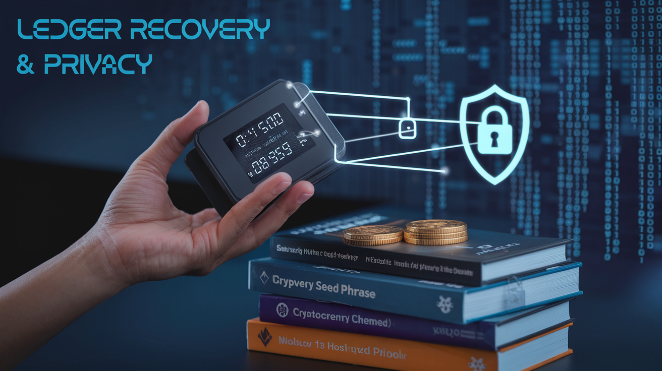 Create a realistic image of a person's hand holding a physical cryptocurrency hardware wallet with a digital display showing a recovery seed phrase, set against a background of binary code and blockchain connections. Include a padlock icon and a shield symbol floating nearby to represent security. Add the text "Ledger Recovery & Privacy" in a futuristic font at the top of the image.