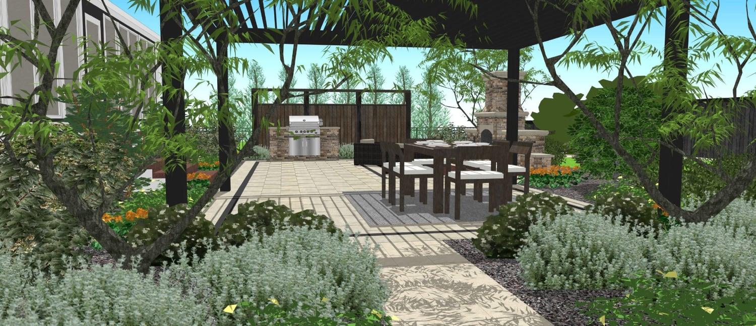 A patio with a table and chairs

Description automatically generated