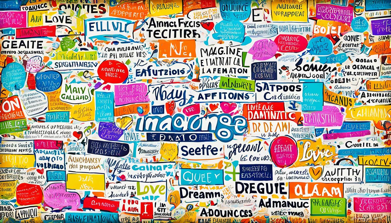 A colorful collage of inspiring images, quotes, and affirmations filling the space of a large poster board. Some images may represent specific goals or dreams, such as a picture of a dream vacation destination or a new car. Other images may represent general themes like love, abundance, or happiness. Quotes and affirmations may be written in bold letters and surrounded by bright colors, creating an eye-catching display that sparks motivation and positivity. Think about including personal photos, symbols, or meaningful objects to make the vision board even more personalized and powerful.