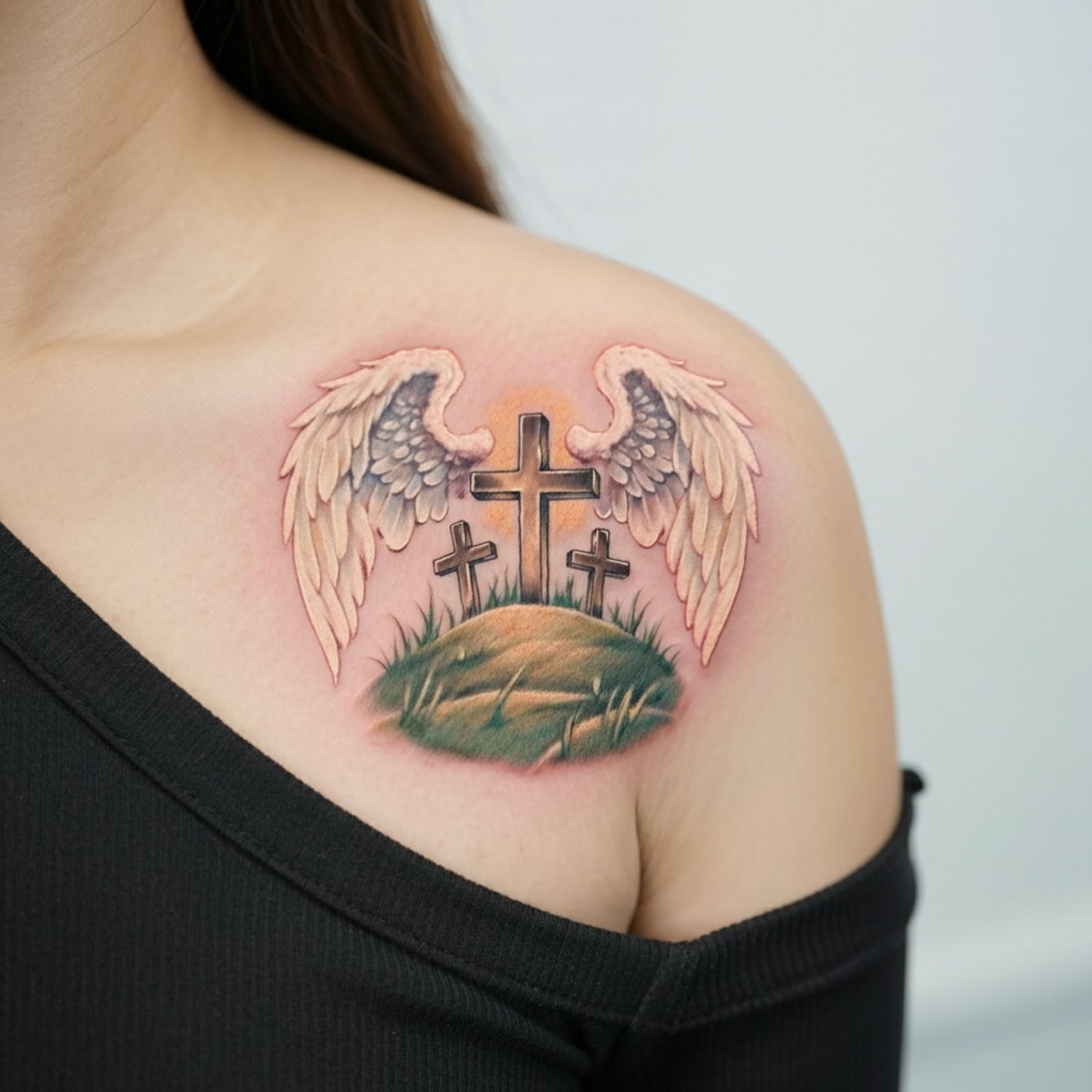 Three Crosses on a Hill with Angel Wings Tattoo