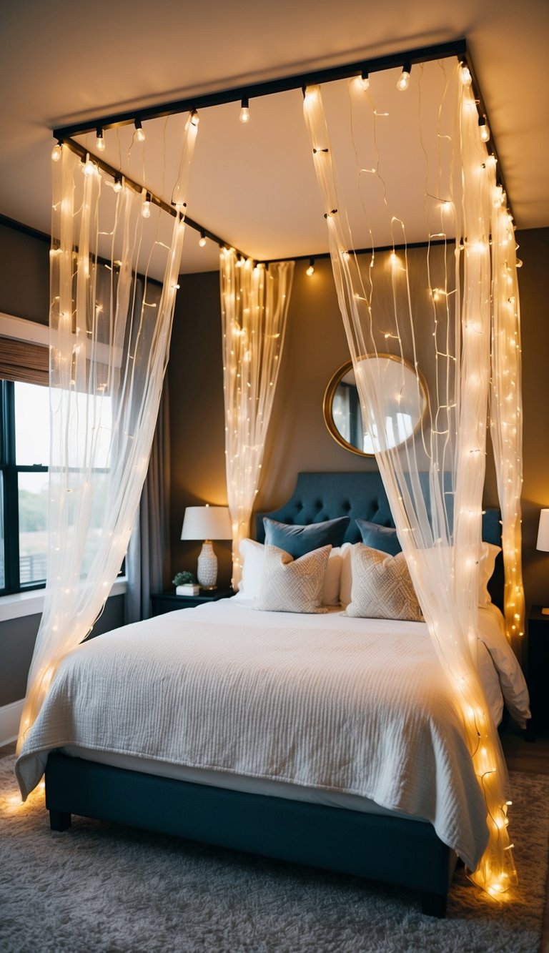 A cozy master bedroom with a twinkle light canopy draped over the bed, creating a romantic and dreamy atmosphere