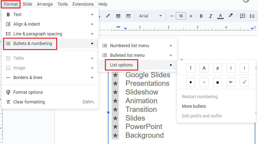 Google Slides Format menu showing bullets and numbering > List Options.