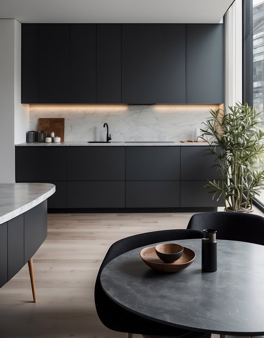 The dark gray kitchen cabinets are sleek and modern, contrasting beautifully with the light countertops. The clean lines and minimalist design create a sophisticated and luxurious atmosphere