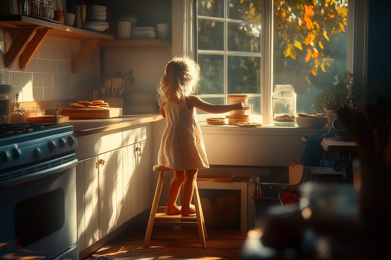 Little girl standing on a stool helping make cookies | Source: Midjourney