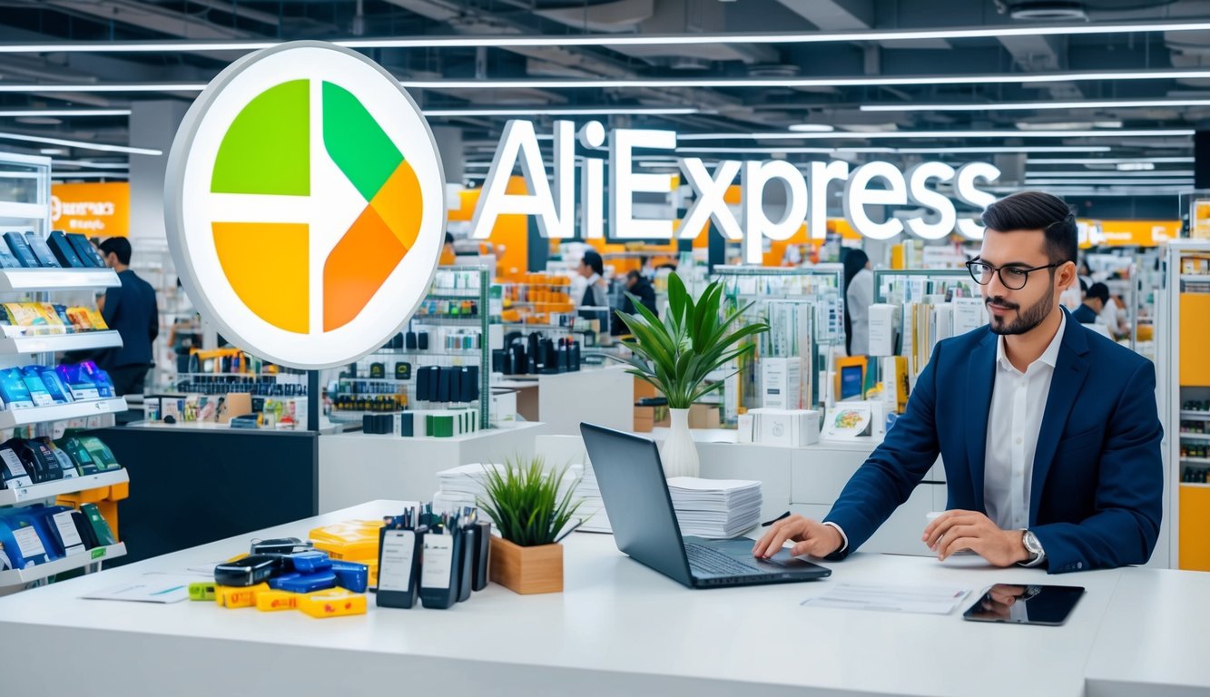 A bustling online marketplace with various products displayed, a seller processing orders, and a prominent AliExpress logo