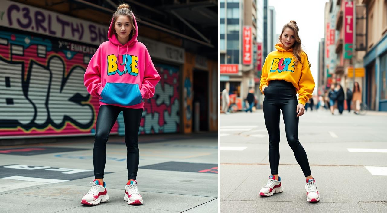 A stylish athleisure outfit featuring a vibrant, oversized graphic hoodie paired with high-waisted, sleek leggings and chunky sneakers. The background includes a dynamic urban setting with graffiti art and a bustling city vibe, capturing the essence of early 2000s street style. Bright colors and bold patterns dominate the scene, emphasizing comfort and fashion-forward aesthetics.