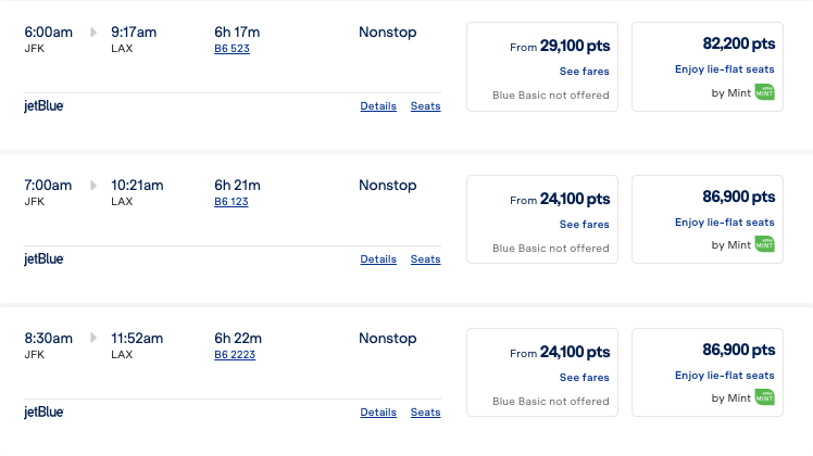 JetBlue fares in points from JFK to LAX