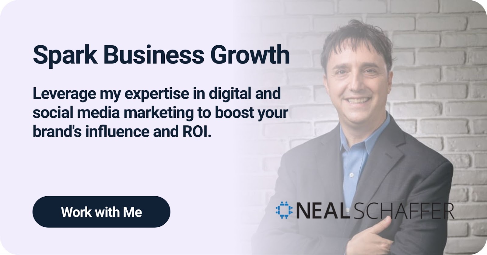 Professional promotional banner with heading 'Spark Business Growth' and text 'Leverage my expertise in digital and social media marketing to boost your brand's influence and ROI.' Features a 'Work with Me' call-to-action button and the Neal Schaefer logo. Set against a white brick background.