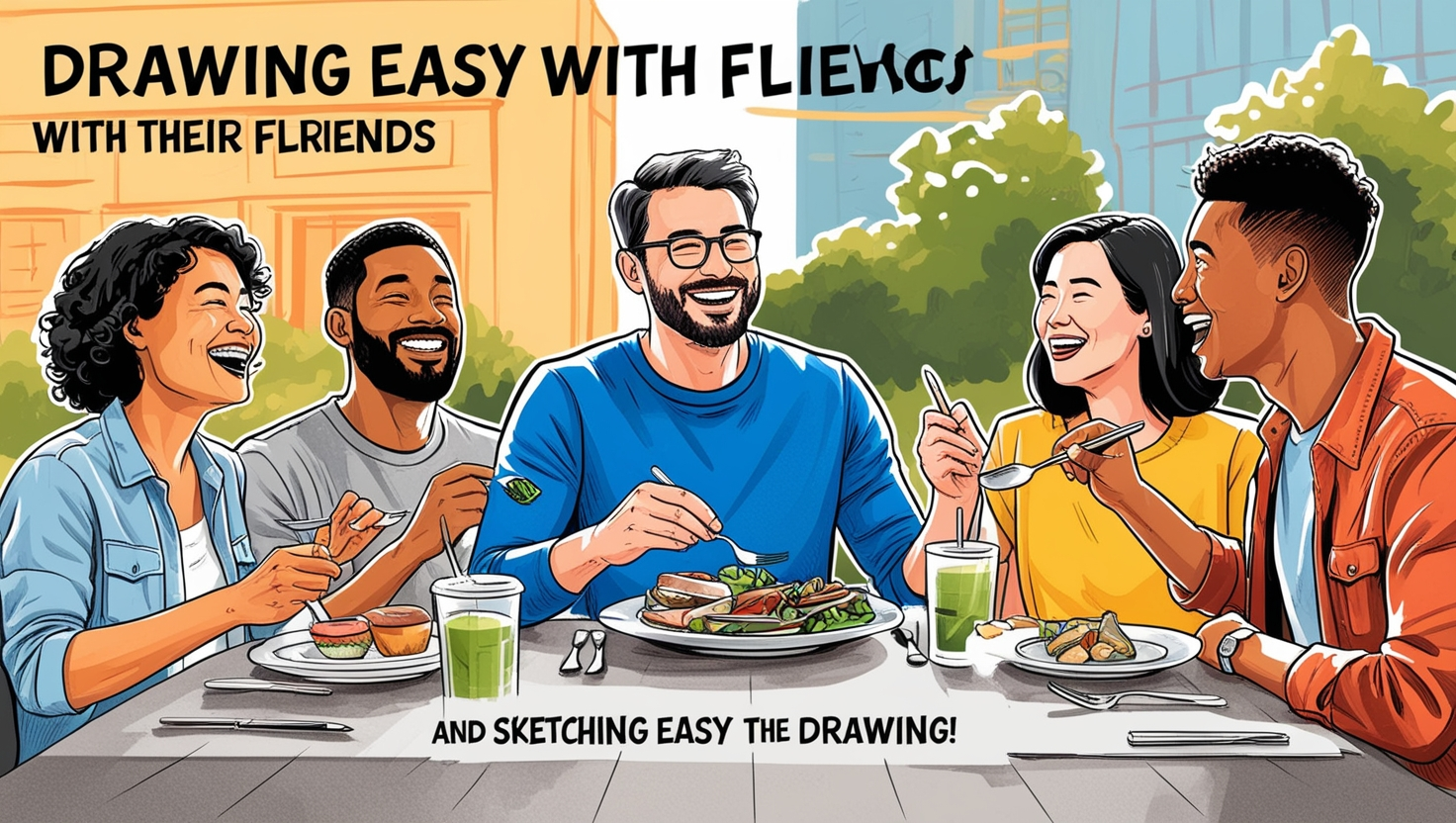 A Person Eating Lunch with Their Friends Drawing Easy
