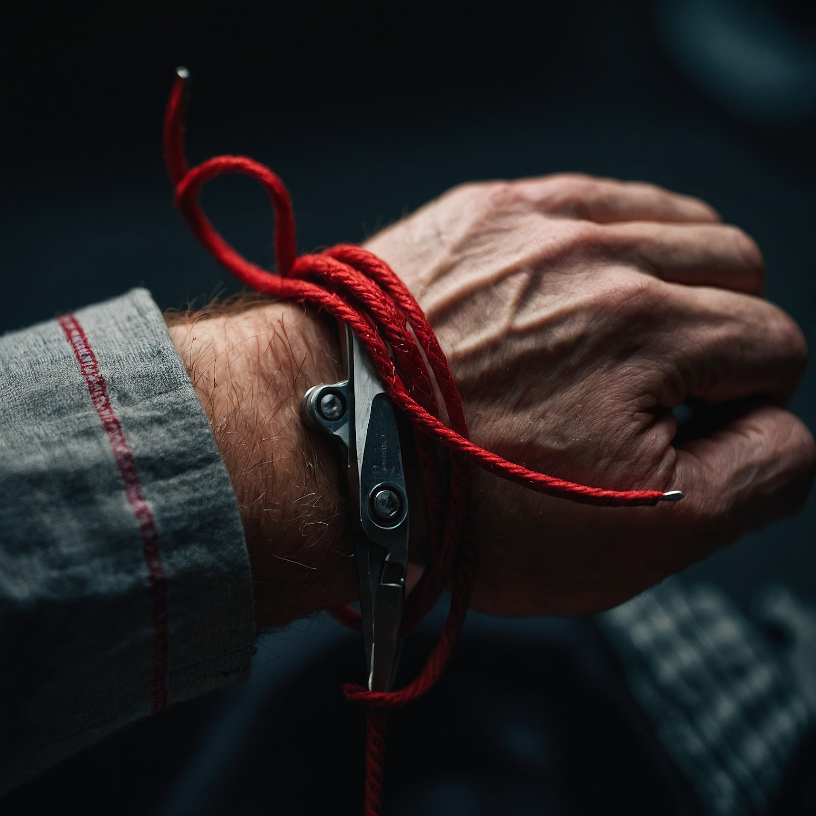 A pair of scissors cutting red strings attached to a man’s wrist – Symbolizing breaking free from limerence.