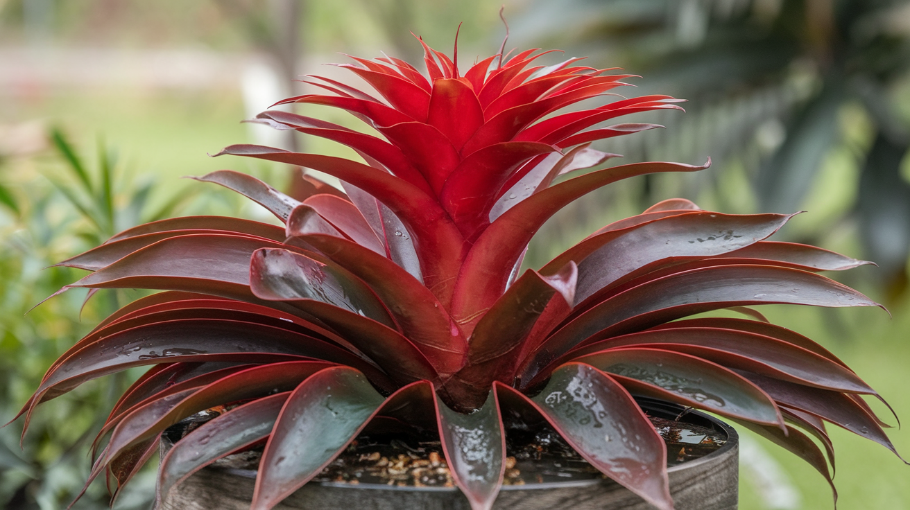 Bromélia Guzmania com pétalas vermelhas vibrantes em florescimento.