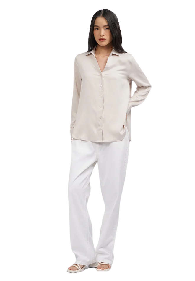 V-Neck Long Sleeve Satin Blouse Beige.