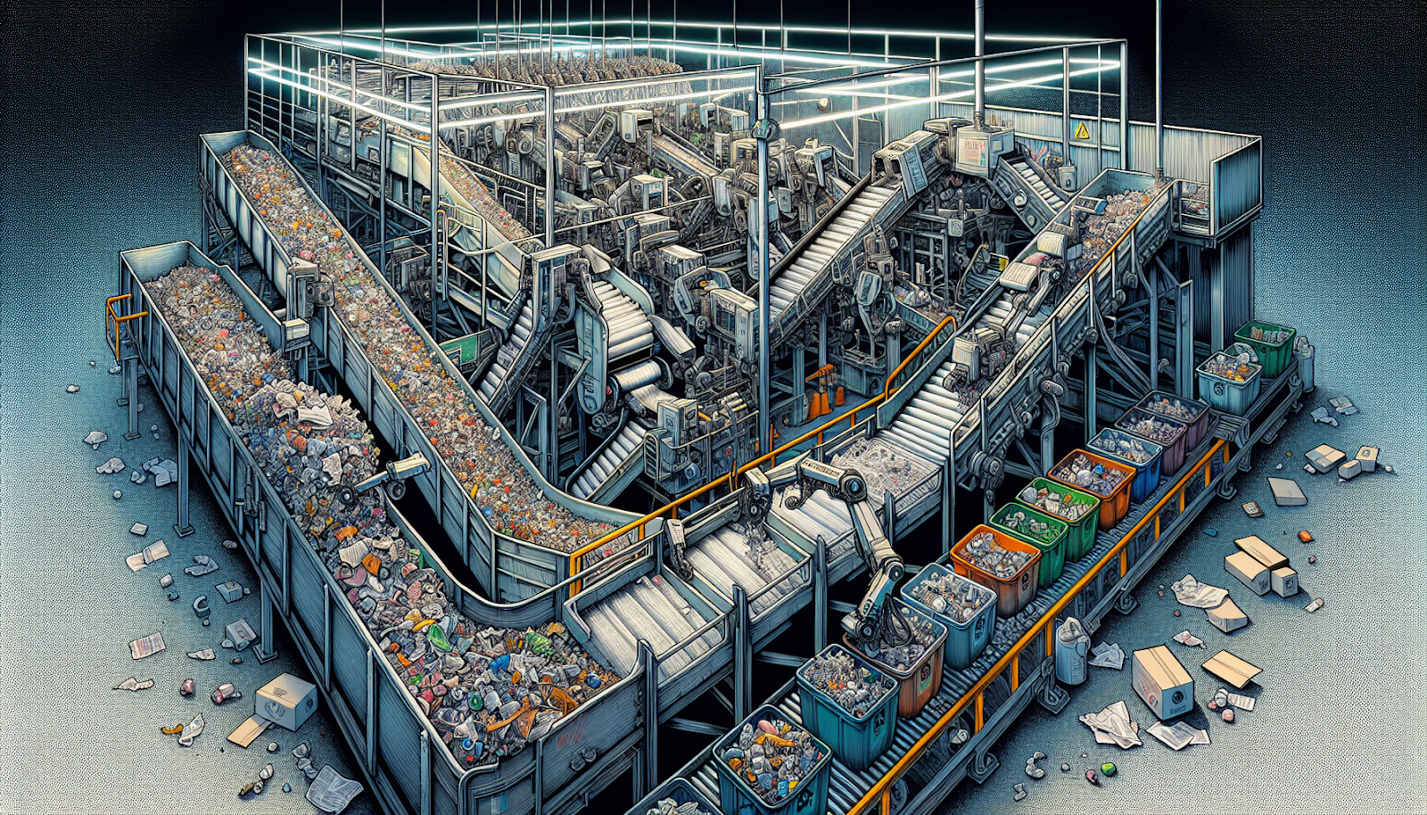 Illustration of a conveyor belt sorting recyclable materials