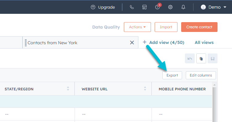 export button in hubspot