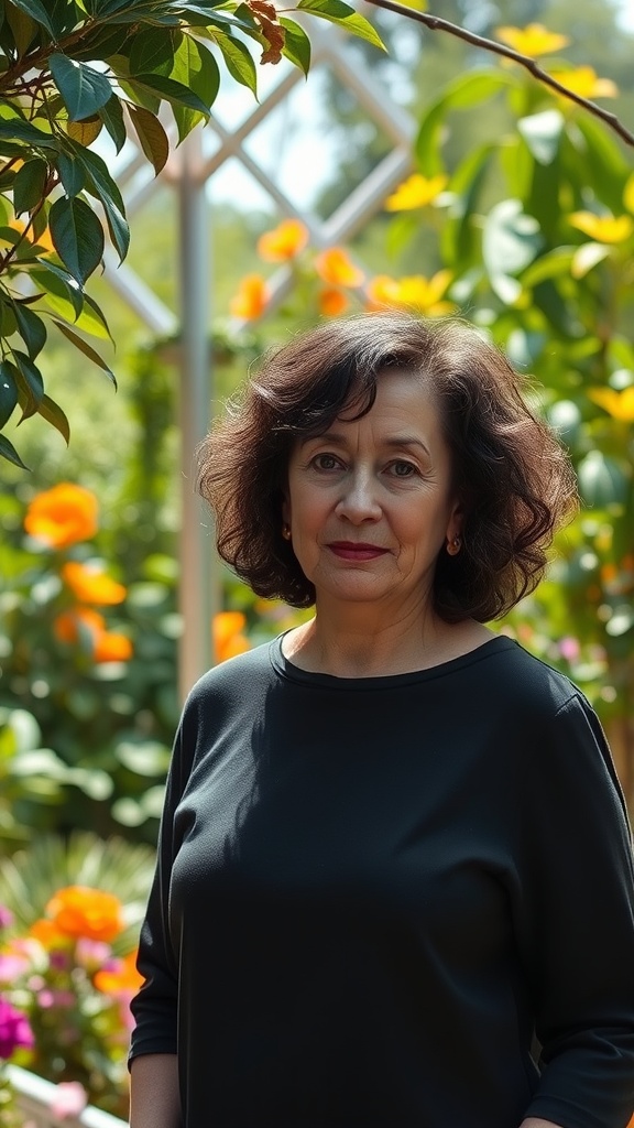 A woman with a curly lob haircut stands in a garden filled with flowers, showcasing her defined curls.