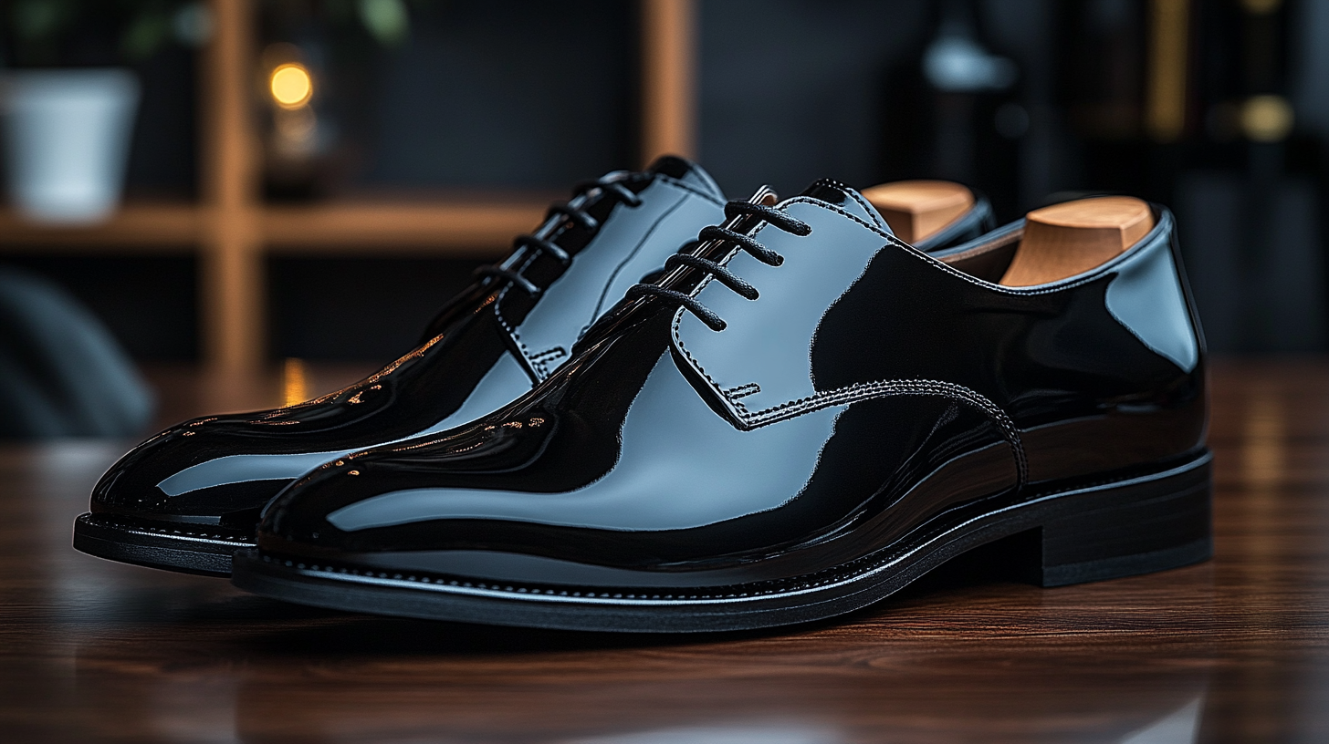 A pair of glossy black leather dress shoes, perfectly shined with smooth curves. The lighting enhances the deep black tone, with a minimalistic blurred background.