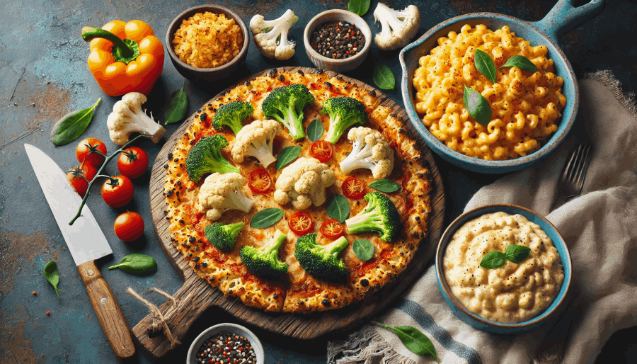 A modern take on traditional comfort food, such as cauliflower crust pizza and plant-based mac and cheese, in a cozy setting.