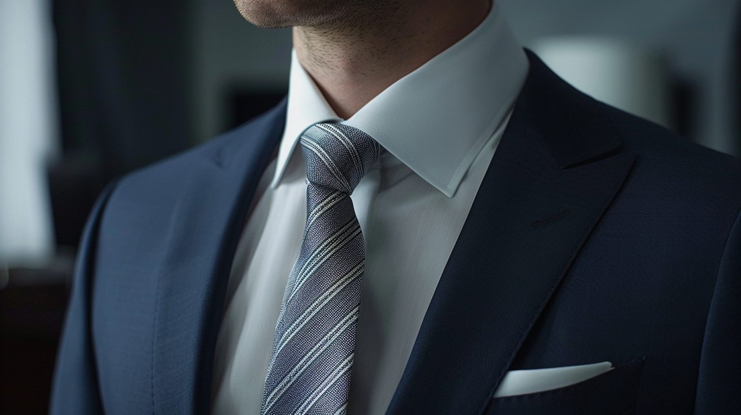 A man in a classic navy suit and white shirt wearing a standard silk necktie in a subtle striped pattern, standing in a formal wedding or office setting, polished and professional, soft lighting, minimal background