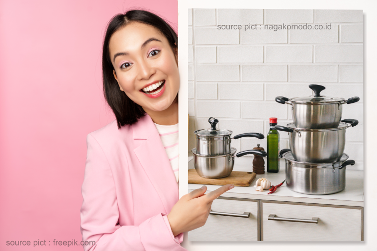  Dalam gambar, seorang wanita memegang foto dapur yang berisi panci dan wajan, menciptakan nuansa memasak yang menyenangkan.