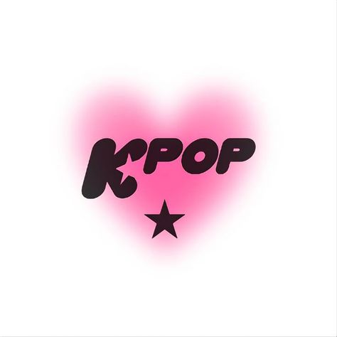 This contain kpop written in black on a pink heart shaped background with three stars