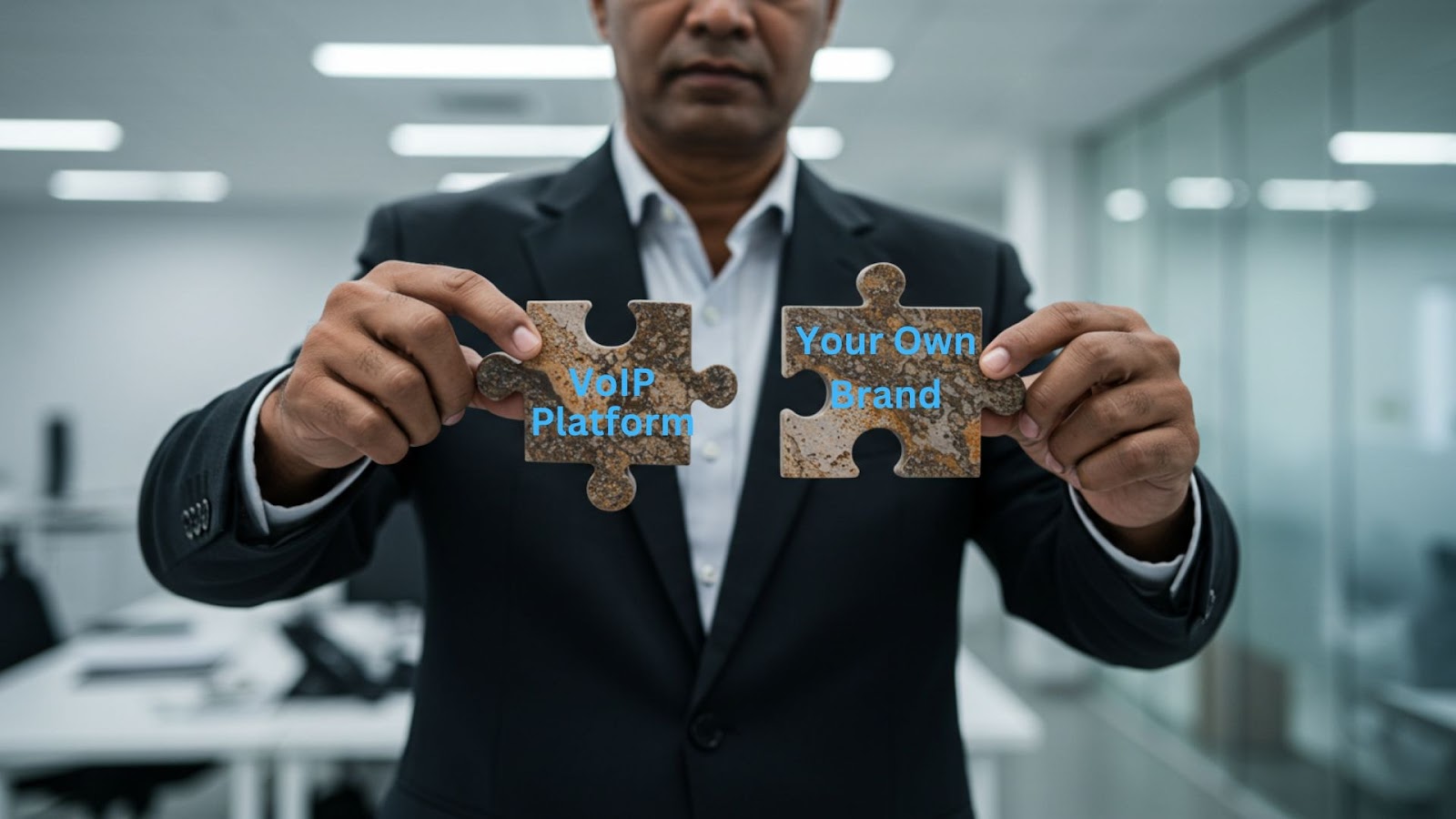 Business professional combining their own brand with a white-label VoIP platform for reseller success.