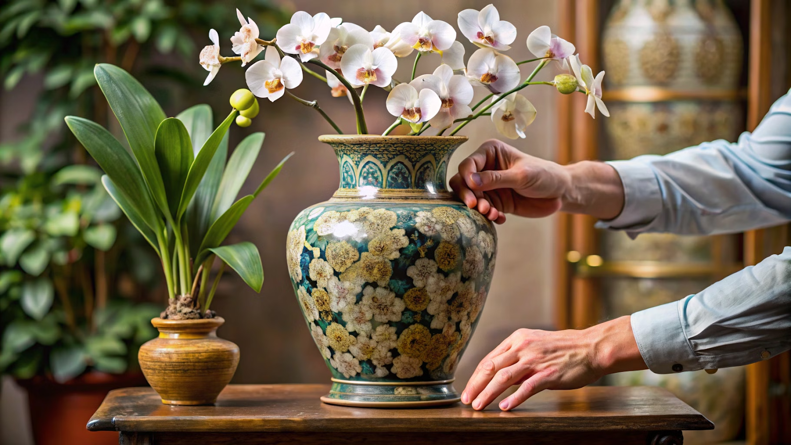 Mãos retirando delicadamente uma orquídea do vaso antigo.