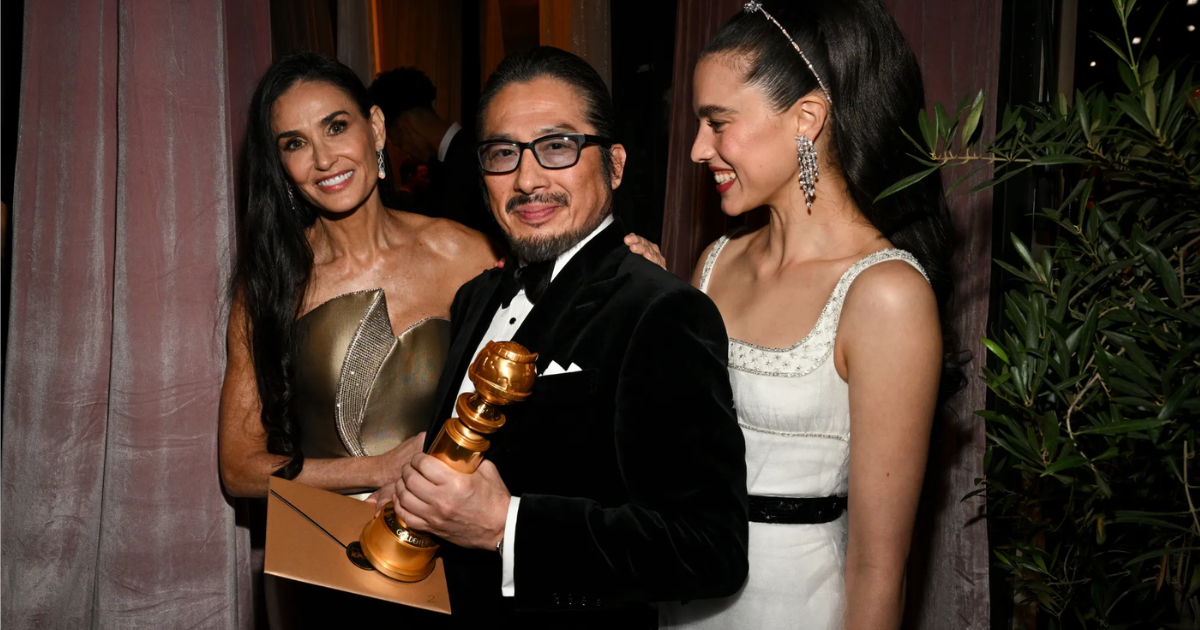 Demi Moore, Hiroyuki Sanada, Margaret Qualley at the 82nd Annual Golden Globes