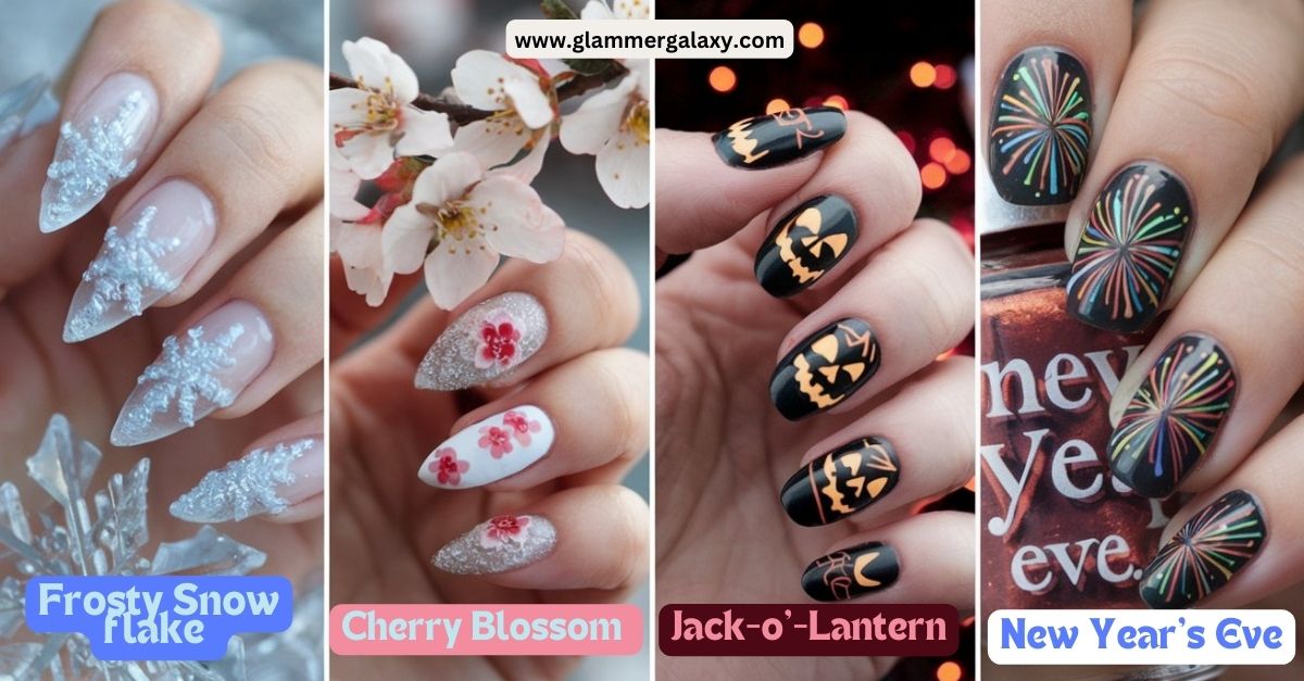 A picture of 4 images of frosty snow flake , cherry blossom , Jack o Lantern and New Year's Eve nail paint design