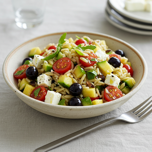 Ensalada de orzo servida en un tazón