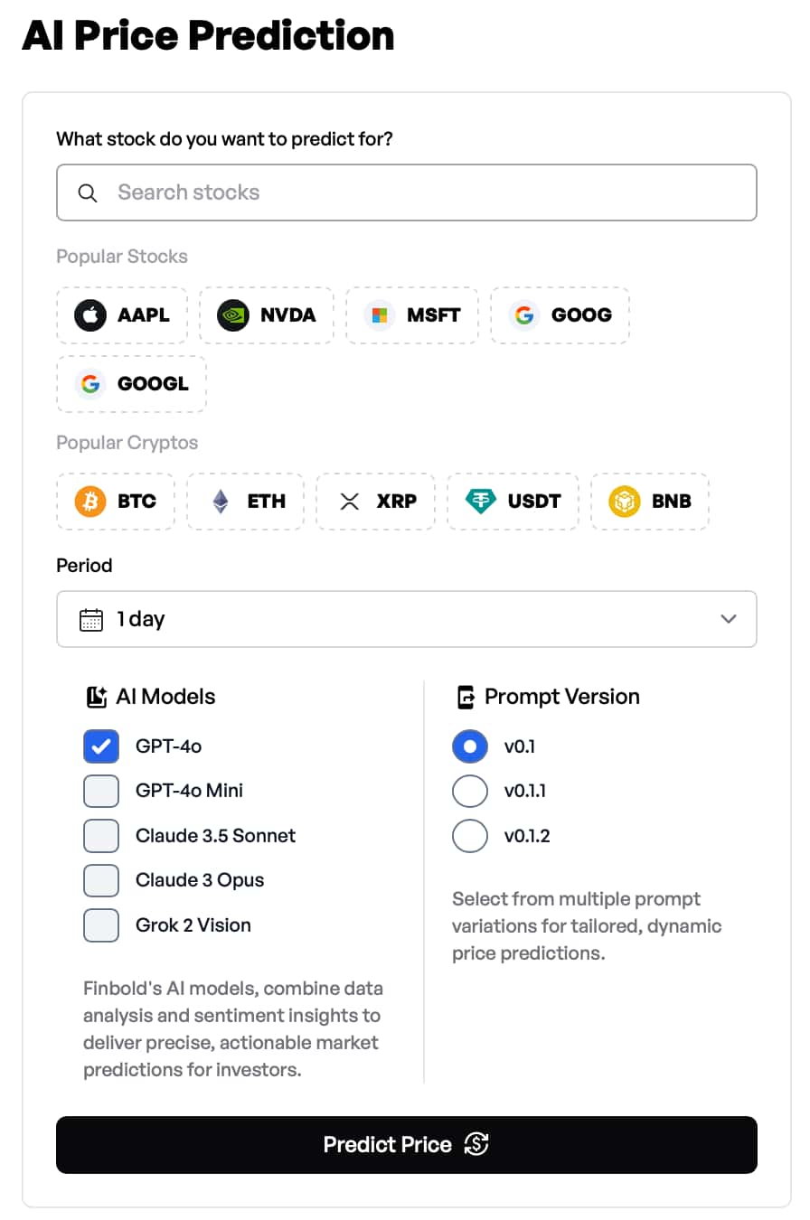 The user interface of Finbold's AI price prediction tool.