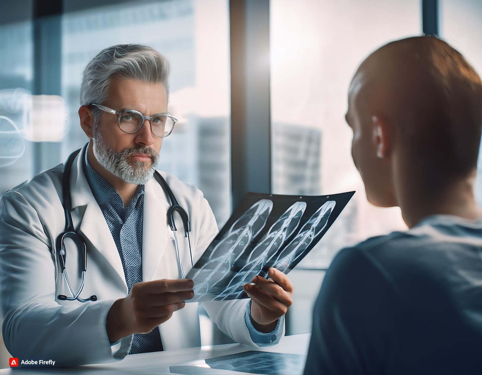 A doctor discussing treatment options with a patient, possibly showing medical charts