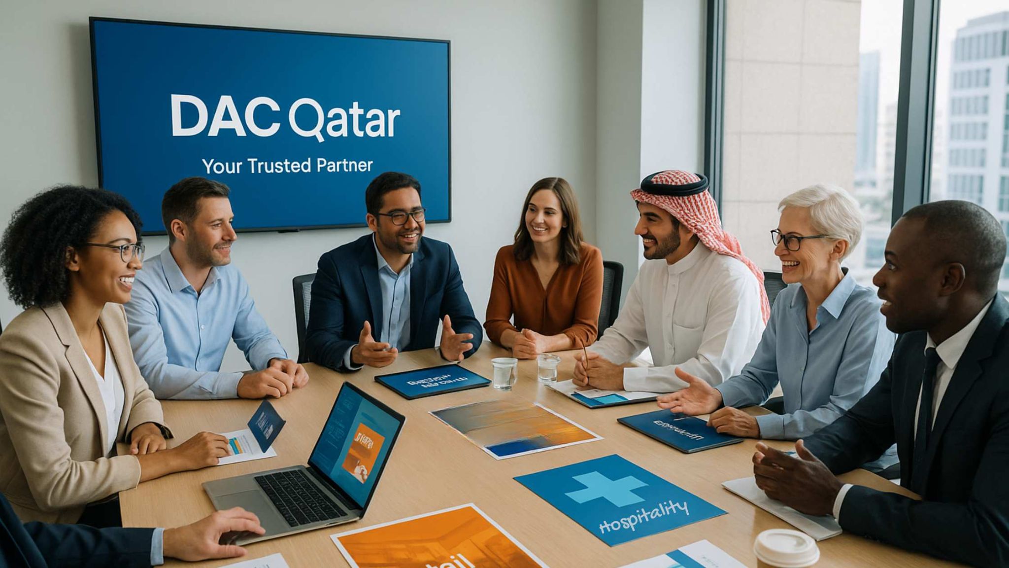 Client-Centric Strategy Session at DAC Qatar – Advertising and Digital Signage Solutions in Doha Diverse team in a meeting room discussing digital signage strategies – Advertising and Digital Signage Solutions in Doha