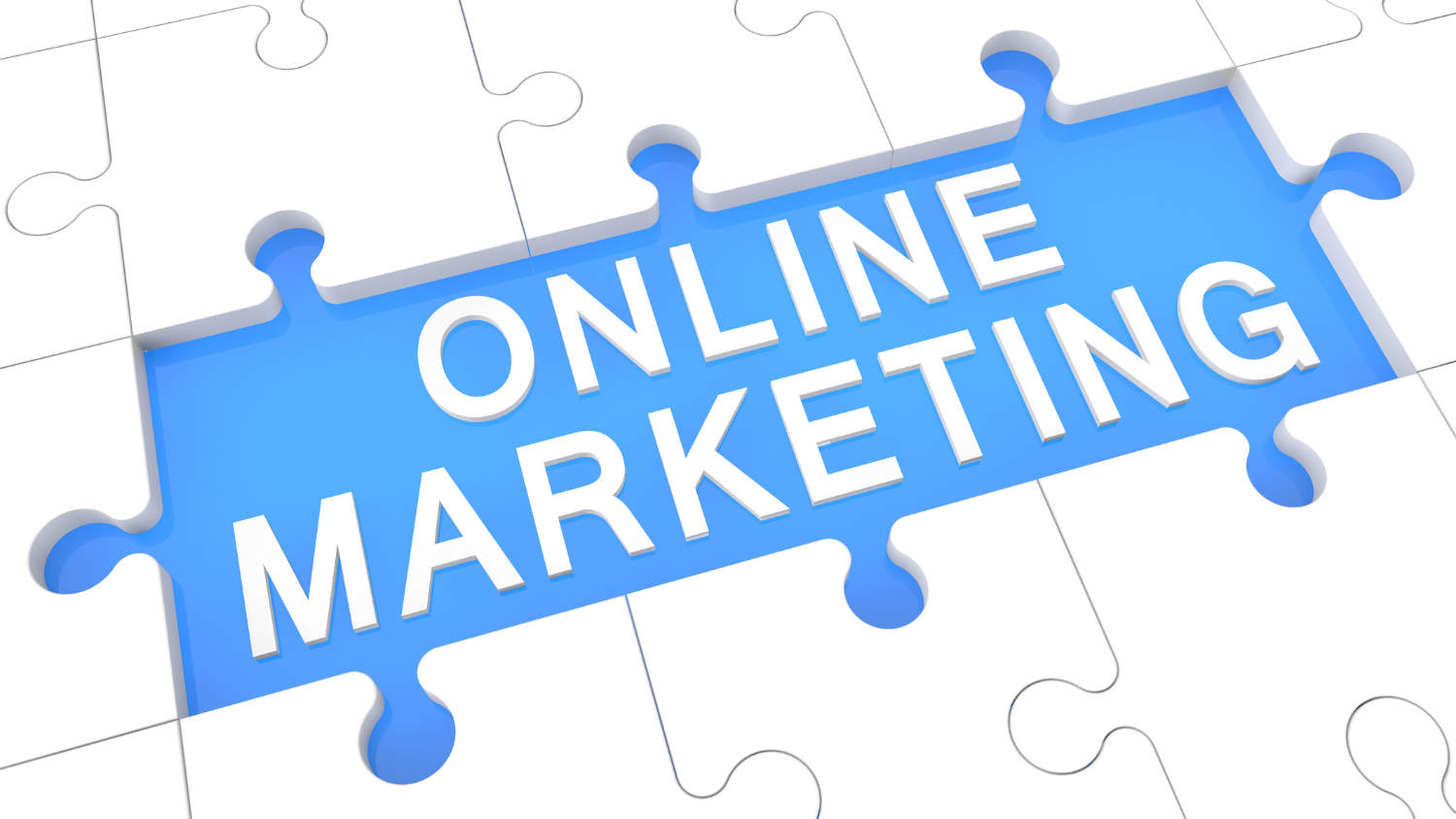 Biało-niebieskie puzzle, na których widnieje napis „ONLINE MARKETING”, czyli nowy wymóg ustawy DBA i marketingu dla ZZP w Holandii.