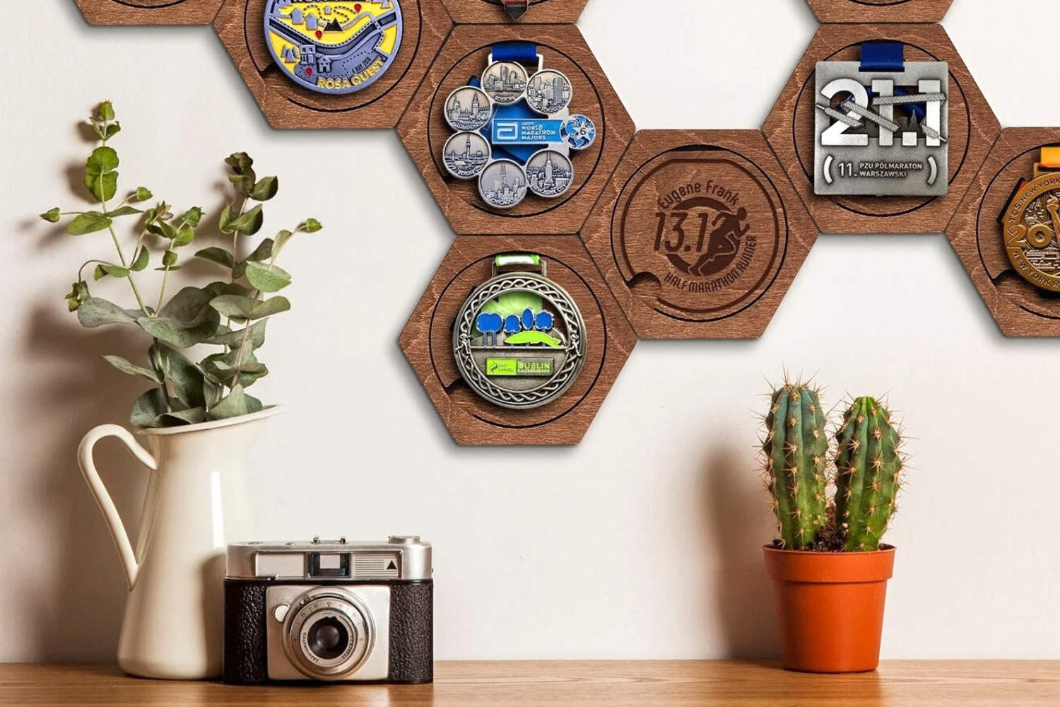 Wooden wall medal holder display